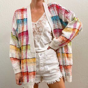 Vintage Rainbow Plaid Boucle Oversized Zip Up Cardigan Sweater